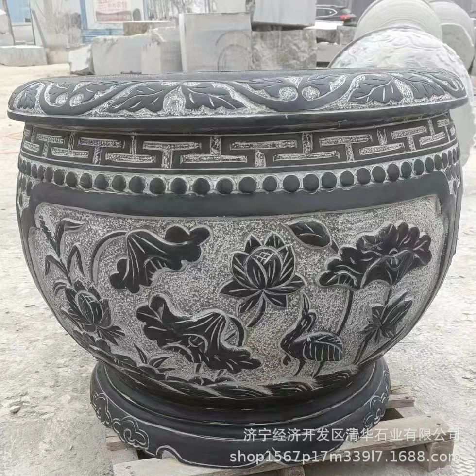 石圆缸青石雕刻仿古荷花鱼缸 庭院养鱼水缸石缸户外园林景观石缸