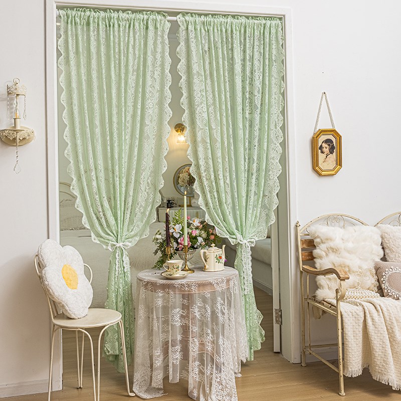 免打孔魔术贴穿杆窗帘窗纱帘x法式白色蕾丝客厅阳台飘窗门帘短隔