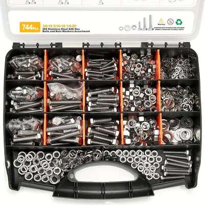 跨境盒装螺栓744pcs304不锈钢英美制外六角螺栓组合螺丝螺母套装
