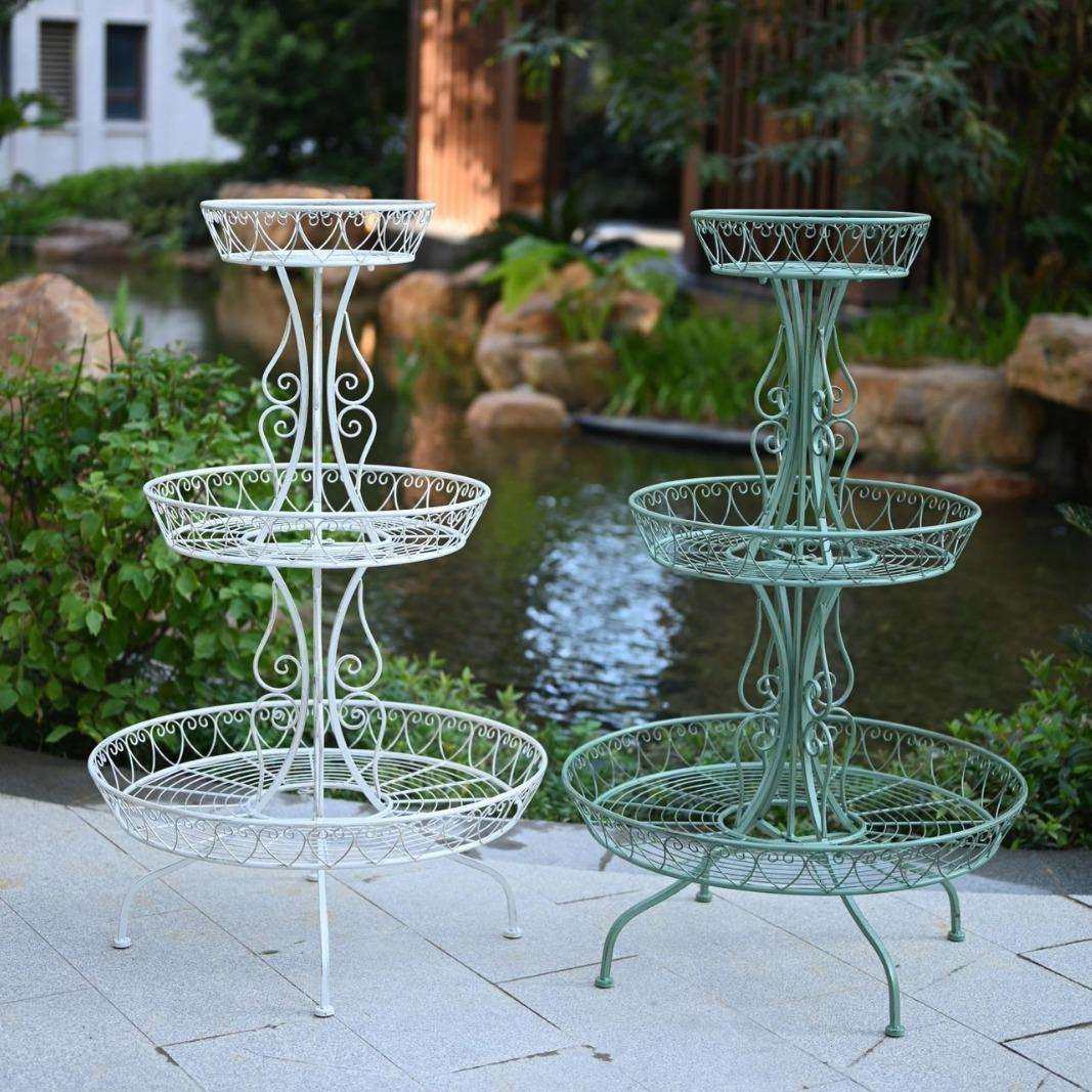 美式乡村铁艺圆盘三层复古大花架户外花园植物盆栽阳台多层置物架