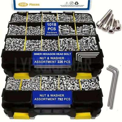 跨境盒装螺丝1018pcs304不锈钢内六角螺丝螺母套装组合螺丝钉temu