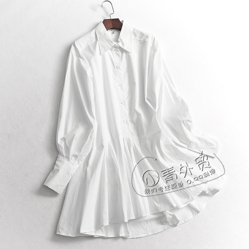 B097衬衫领纯色不规p则荷叶边A子裙春季新女装长袖减龄女裙连热卖