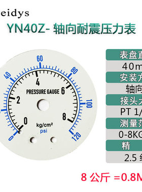YN40Z轴向不锈钢耐震压力表水压表0-1.6MPa一分牙1/8气动表液压表