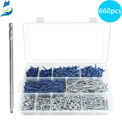 螺丝660pcs盒装四方槽华司头洗尾粗牙木工螺丝#8路锈宝蓝色镀螺钉