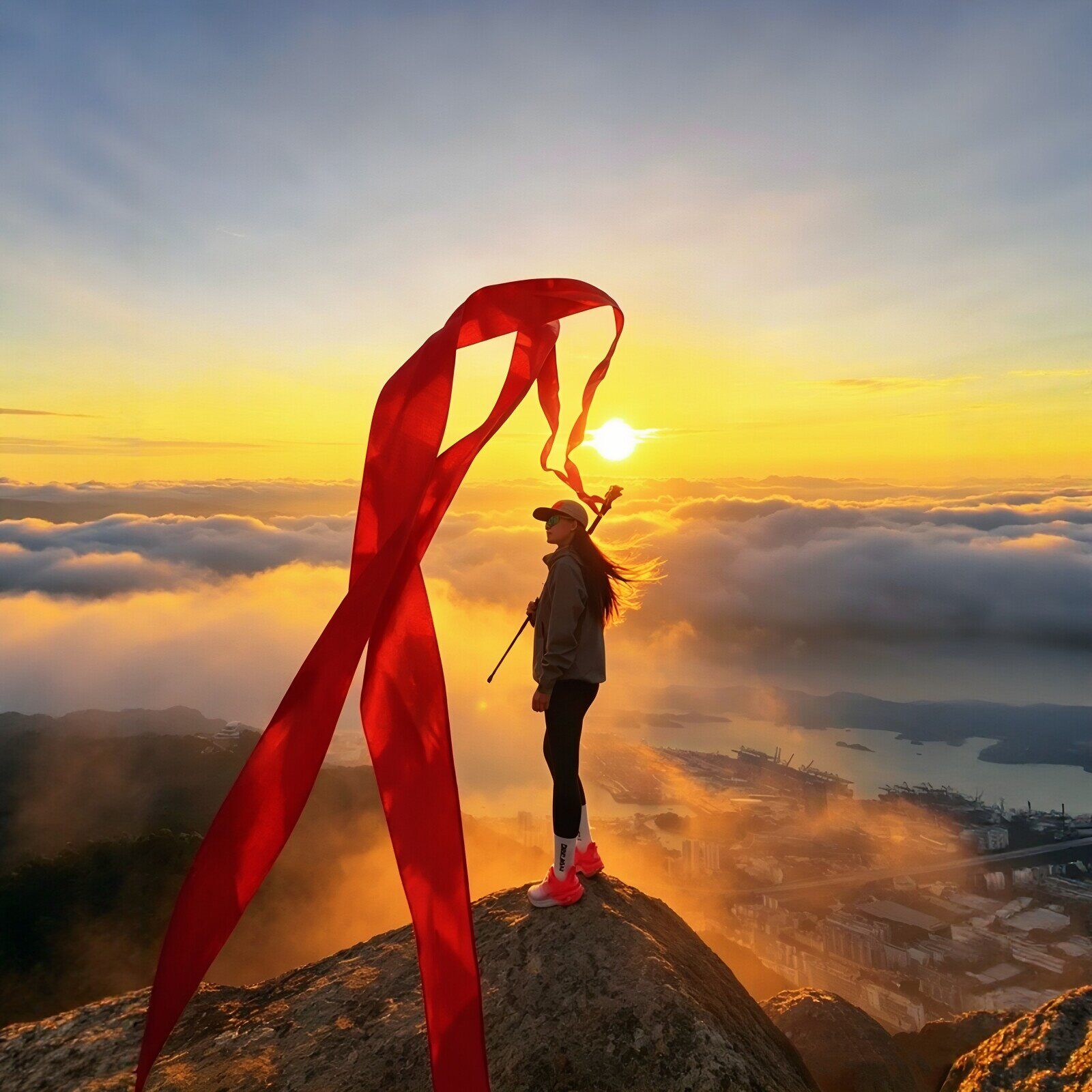 登山杖上的红丝带红绢帛飘带超宽八厘米披帛户外爬山登山拍照道具