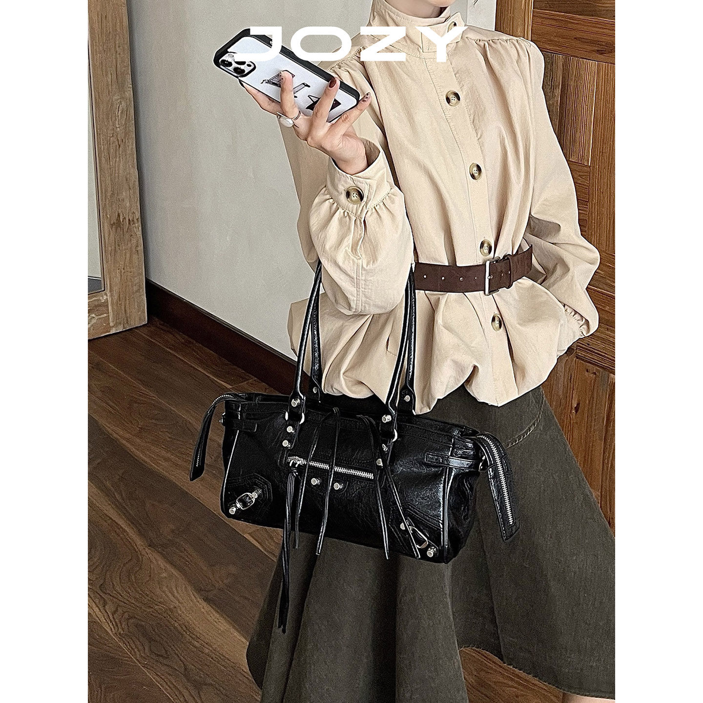 JOZY巴黎新款辣妹风机车包通勤包大容量托特包女质感斜挎单肩包包,箱包皮具/热销女包/男包,通用款女包,淘宝优惠券,粉丝福利购,淘宝优惠卷