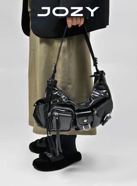 JOZY复古洛克黑色亮面辣妹多口袋设计机车包新款腋下单肩斜挎包女