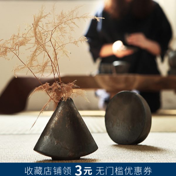 茶道日式花瓶花器 简约金陶瓷 水培粗陶摆件禅意复古插花鎏家居