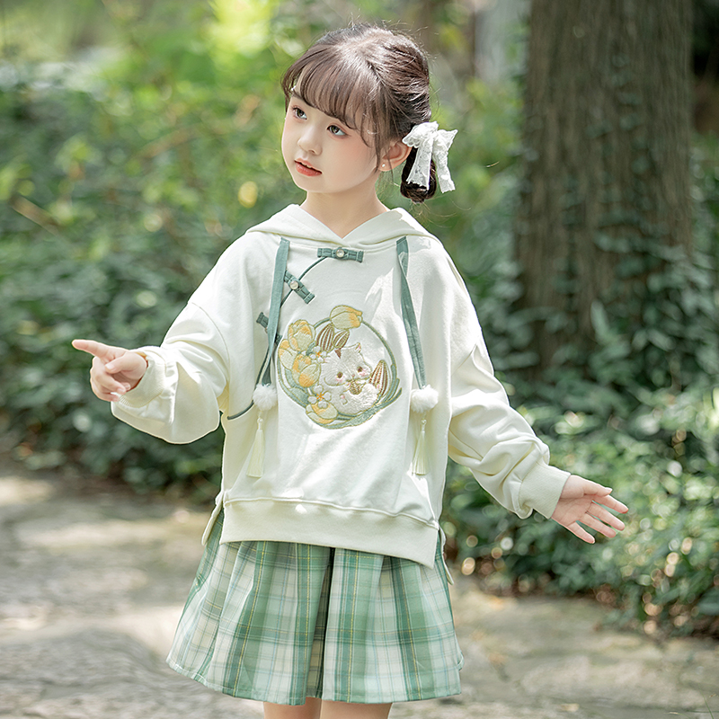 汉服女童秋装新品2023中国风卫衣小女孩I洋派两件式套装儿童改良