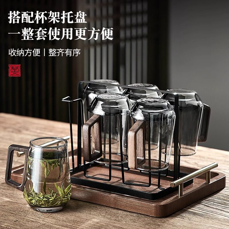 中式玻璃杯套装泡茶杯家用客厅待客耐高温绿茶杯个人喝水杯子