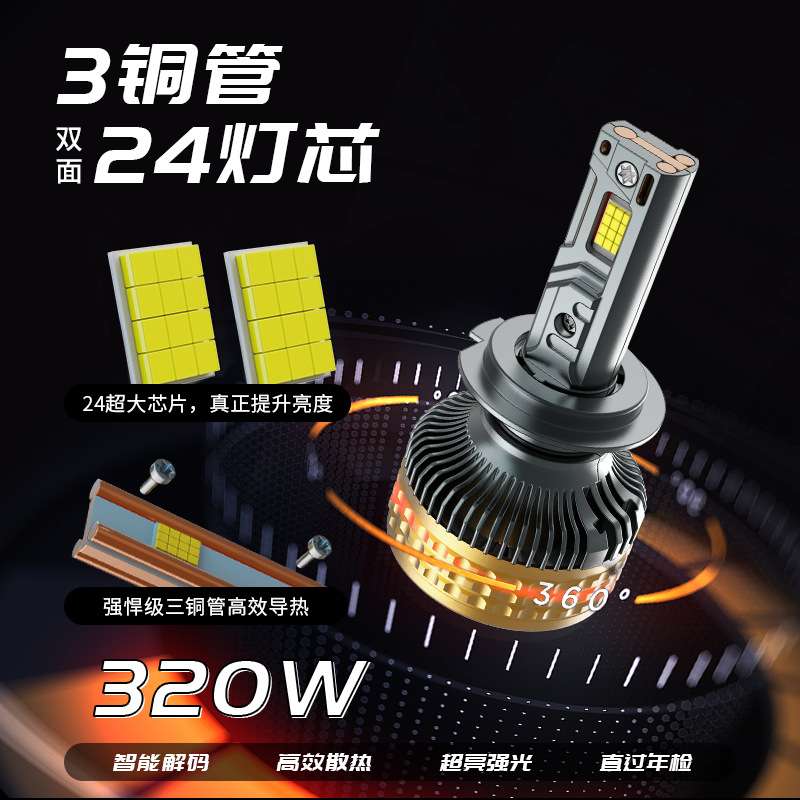 新款 320w3铜管汽车车灯H4H11三铜管汽车led大灯h7轿车前照灯