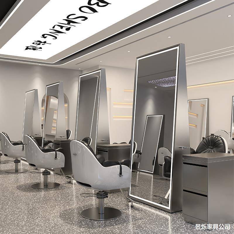 理发店镜子美发店双面镜台理发店单面带灯靠墙剪发镜子发廊专用