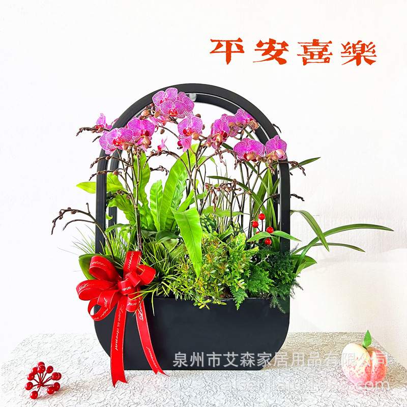 开业新中式椭圆铁艺客厅冬青蝴蝶兰花盆银柳年宵花插花器花篮大号