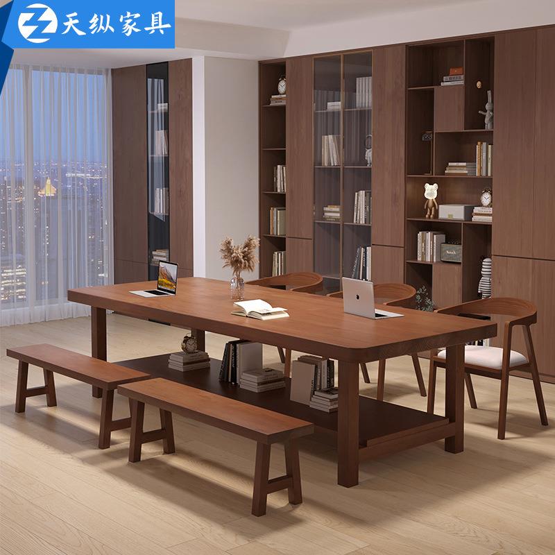 天纵美式实木书桌家用书架一体桌客厅大桌面工作台学生阅读写字桌
