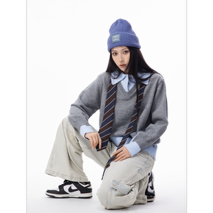 HSNH【拼接针织衫毛衣】秋冬外穿简约翻领长袖拼接毛衣内搭