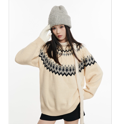 HSNH【费尔岛针织毛衣】秋冬650g圆领针织衫宽松保暖提花百搭毛衣