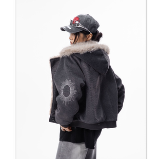 HSNH【刺绣座山雕夹克棉服】冬季短款加厚连帽加绒外套男女同款