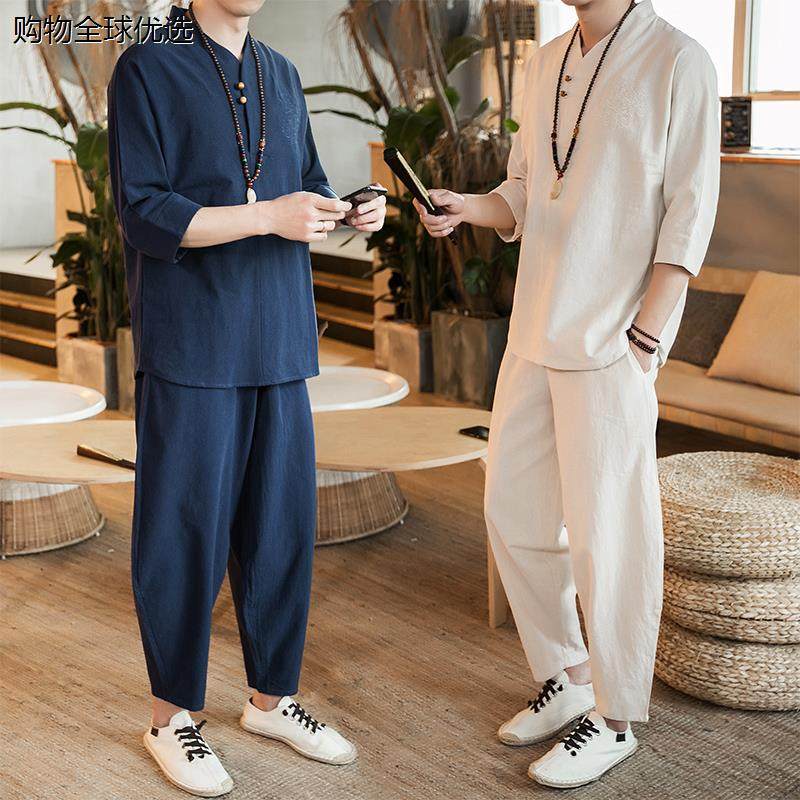 唐装棉麻套装中国风男装居士改良汉服复古装亚麻禅服中式民族服装