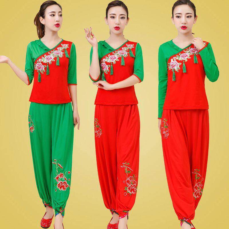 2023新款牛奶丝绣花广场舞服装女中年秧歌舞长袖中袖灯笼裤表演服
