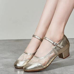 跳舞鞋女2023四季新款真皮软底成人舞蹈鞋 透气网纱演出广场舞鞋