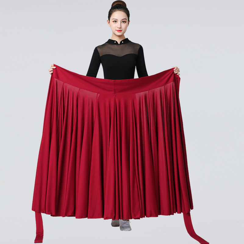 蒙古族藏族民族舞蹈练习裙新疆舞蹈服一片式系带大摆裙女艺考长裙