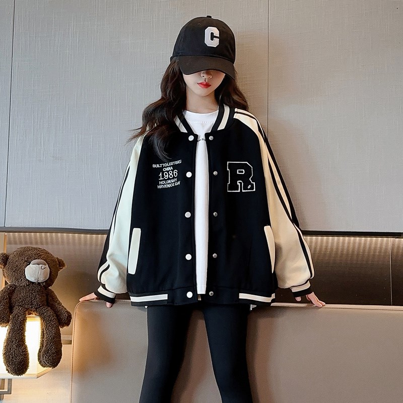 女生秋装女款英文棒l球服女大童2024新款初中生学生春秋款女款外