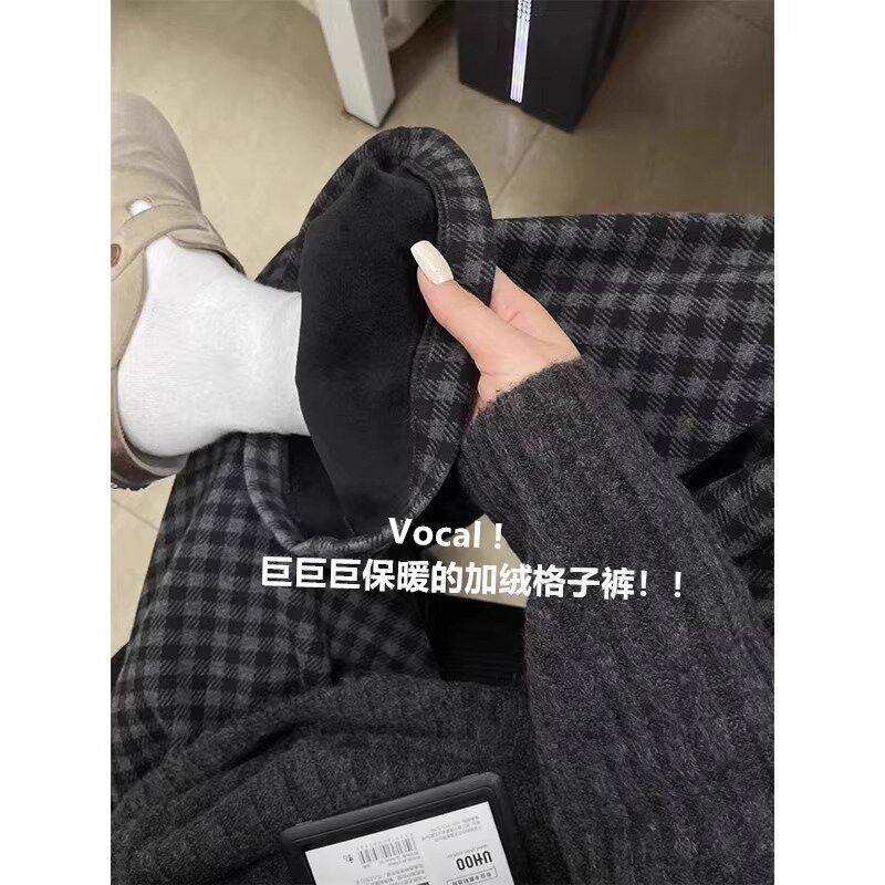 黑灰色格子休闲裤女冬季加绒加厚大码胖mm宽松显瘦慵懒垂感阔腿裤,女装/女士精品,休闲裤,淘宝优惠券,粉丝福利购,淘宝优惠卷
