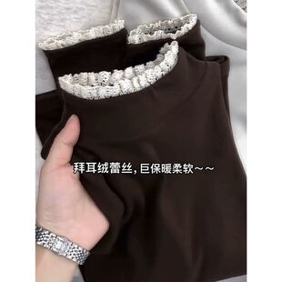 蕾丝拼接长袖T恤女秋冬季大码胖mm圆领套头高级感打底衫加绒上衣