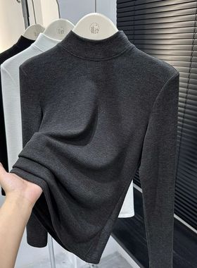 炭黑色长袖磨毛保暖打底衫女秋冬爆款显瘦内搭加绒半高领T恤上衣