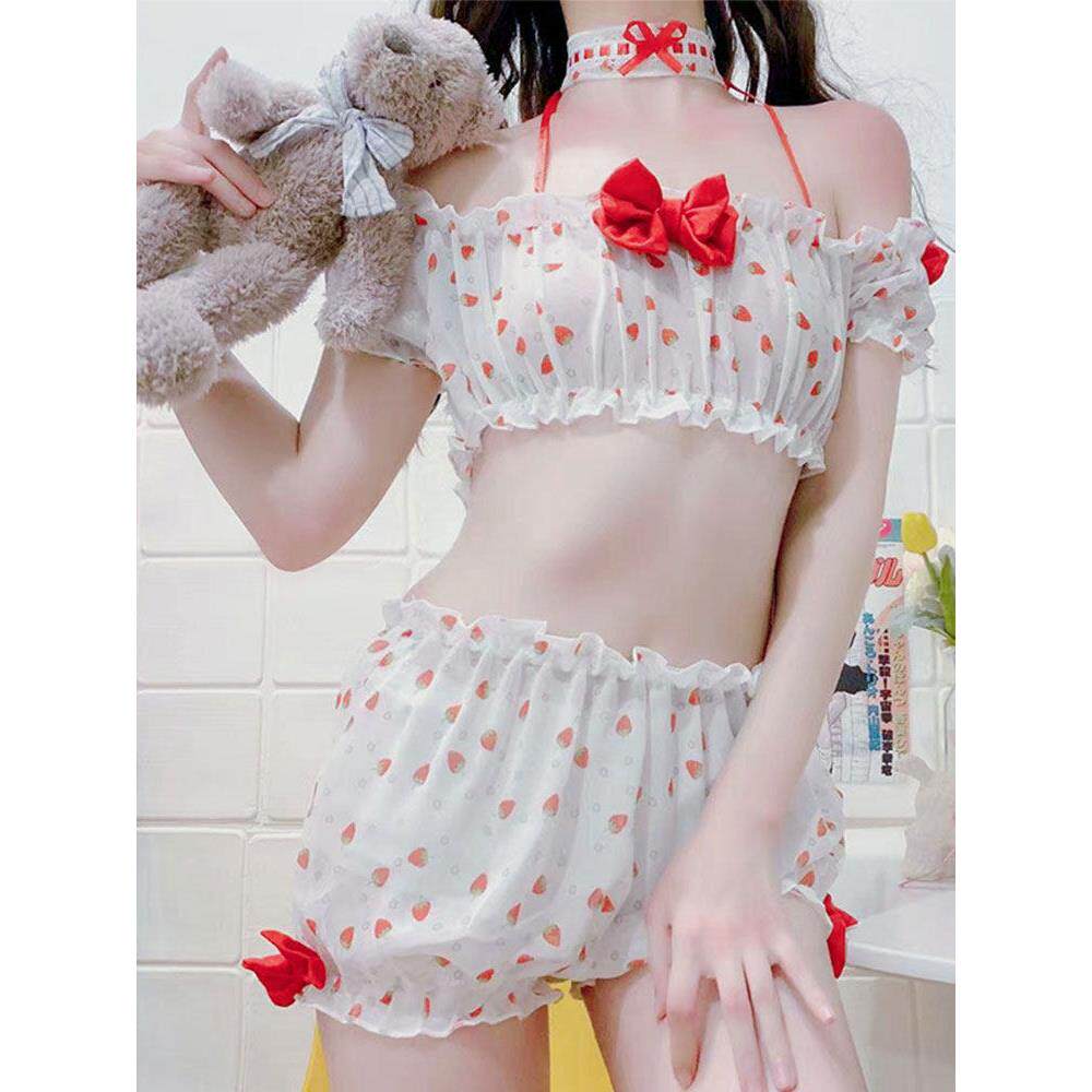 夏季日系甜美草莓吊带睡裙套装