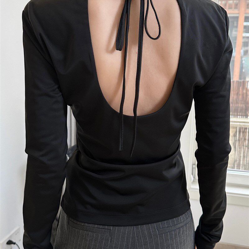 极速黑色镂空露背T恤春t季新款韩版时髦柔软凉感修身显瘦上衣女