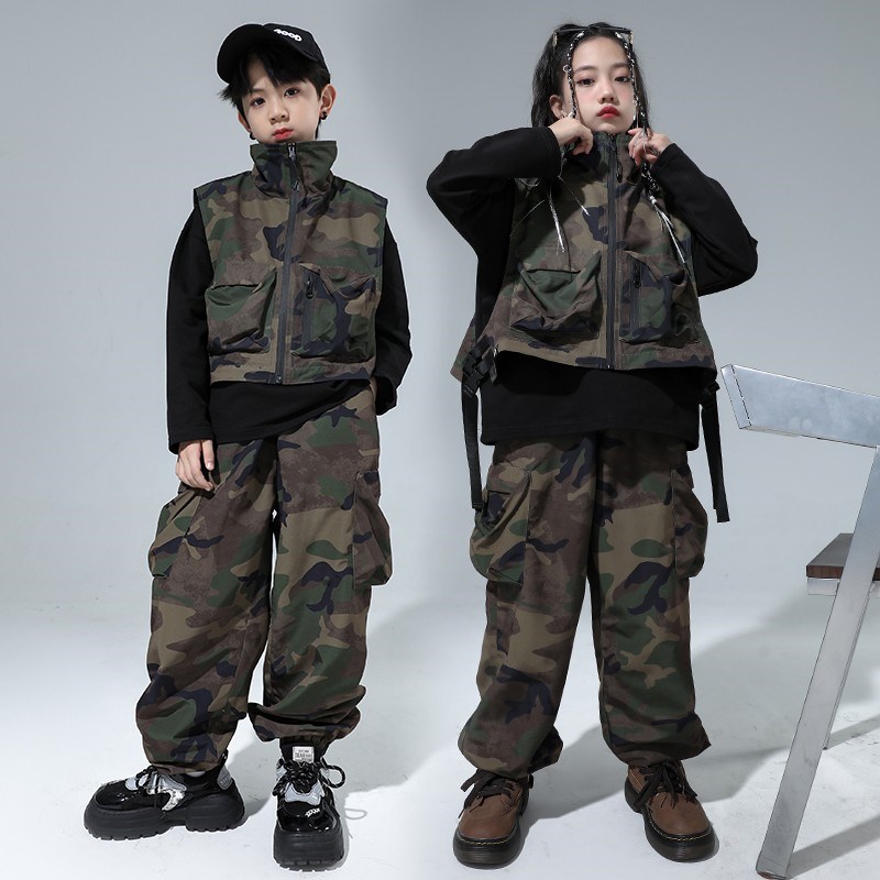 极速少儿街舞套装男n孩嘻哈迷彩马甲潮服女孩爵士潮酷演出服元旦
