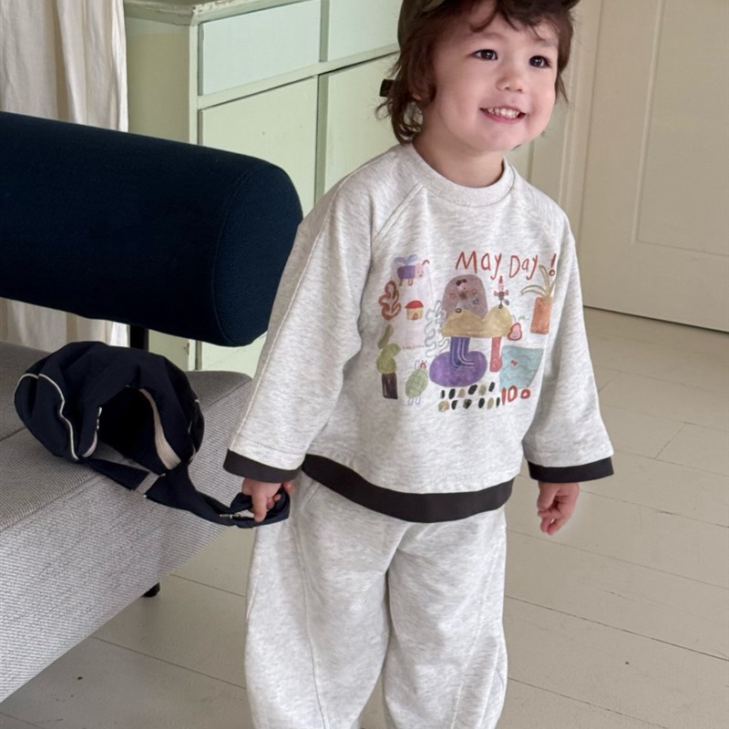 凡妈童装202i5春季新款男童女童宝宝韩版卡通涂鸦卫衣卫裤套装两