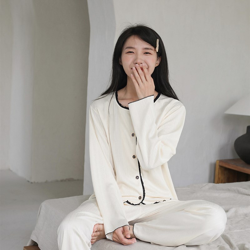 简约米白色睡衣女春秋季新t款纯欲风长袖长裤休闲时网红居家服套