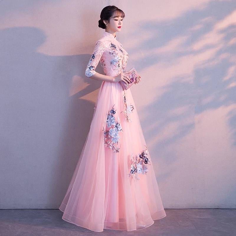 晚礼服裙长款20k23新款粉色时尚优雅晚会主持人女修身显瘦宴会公