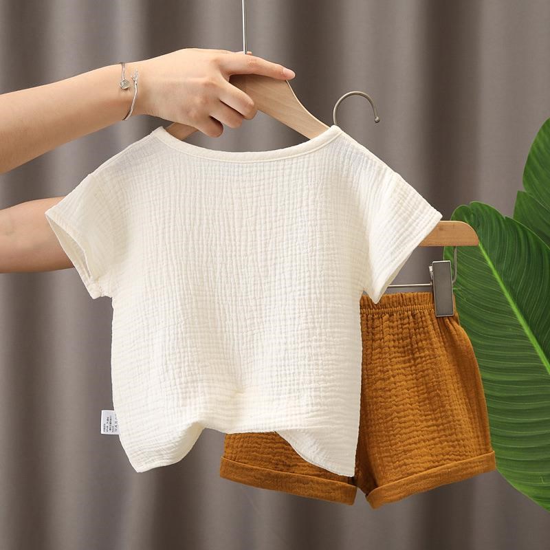 婴儿衣服夏天薄款纯棉纱布男孩套装一岁半L女宝宝夏装短袖两件套