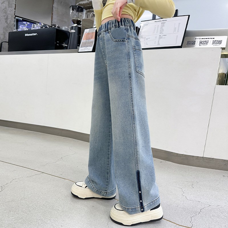 女童裤子春秋季2025新款直筒长裤儿童阔腿L裤春季大童初中生牛仔
