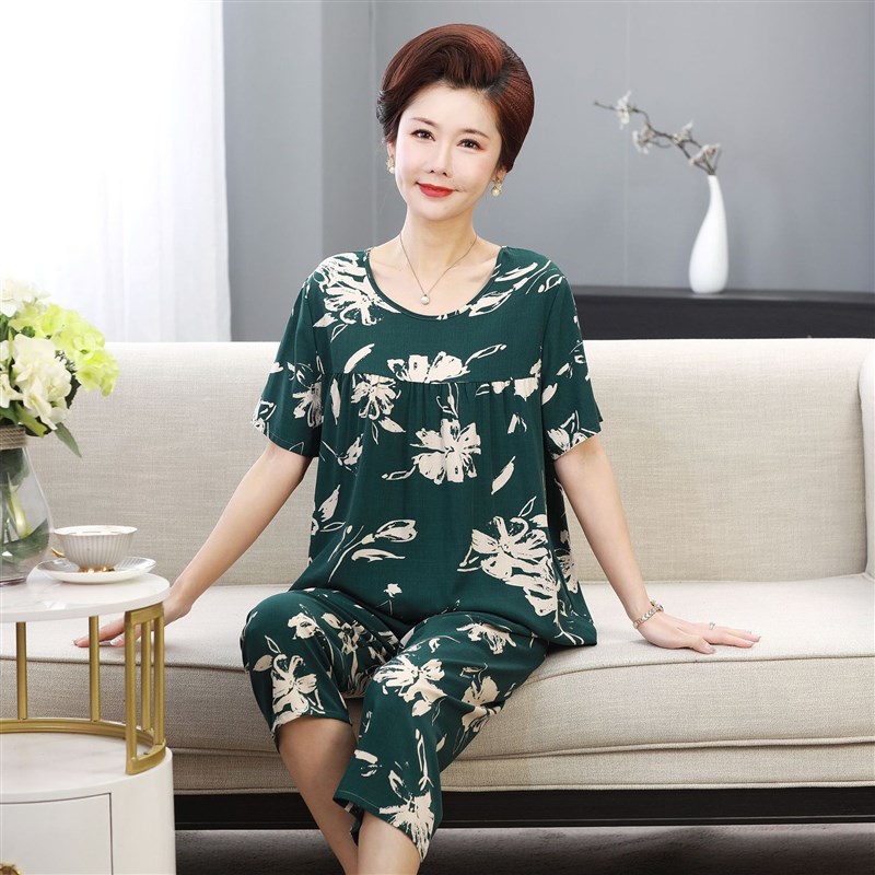 新款中老年妈妈j睡衣夏全棉绸女短袖七分裤加大码套装人造棉家居