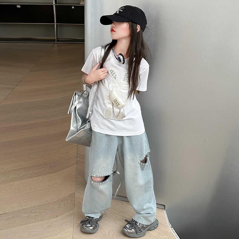 女童夏季短袖T恤2024新款韩版时髦炸I街儿童破洞珍珠牛仔裤两件套