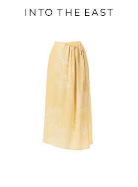 Into The East黄色图腾咖纹褶皱桑蚕丝半裙