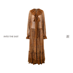 Into The East己印棕调繁花荷叶领飘带真丝连衣裙