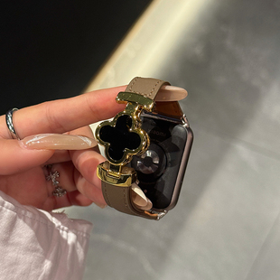 高级轻奢百搭透气腕带 5小众ins女款 幺诺适用小米9pro 8pro安可拉红四叶草折叠磁吸扣镂空真皮红米watch6