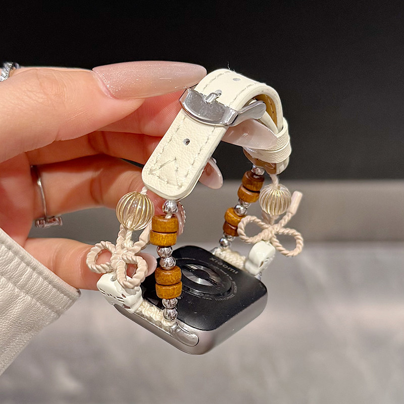 幺诺适用小米9pro/8pro手工串珠格纹软奶白皮质小米watch4小熊蝴蝶结红米Redmi watch6/5装饰ins风少女感腕带