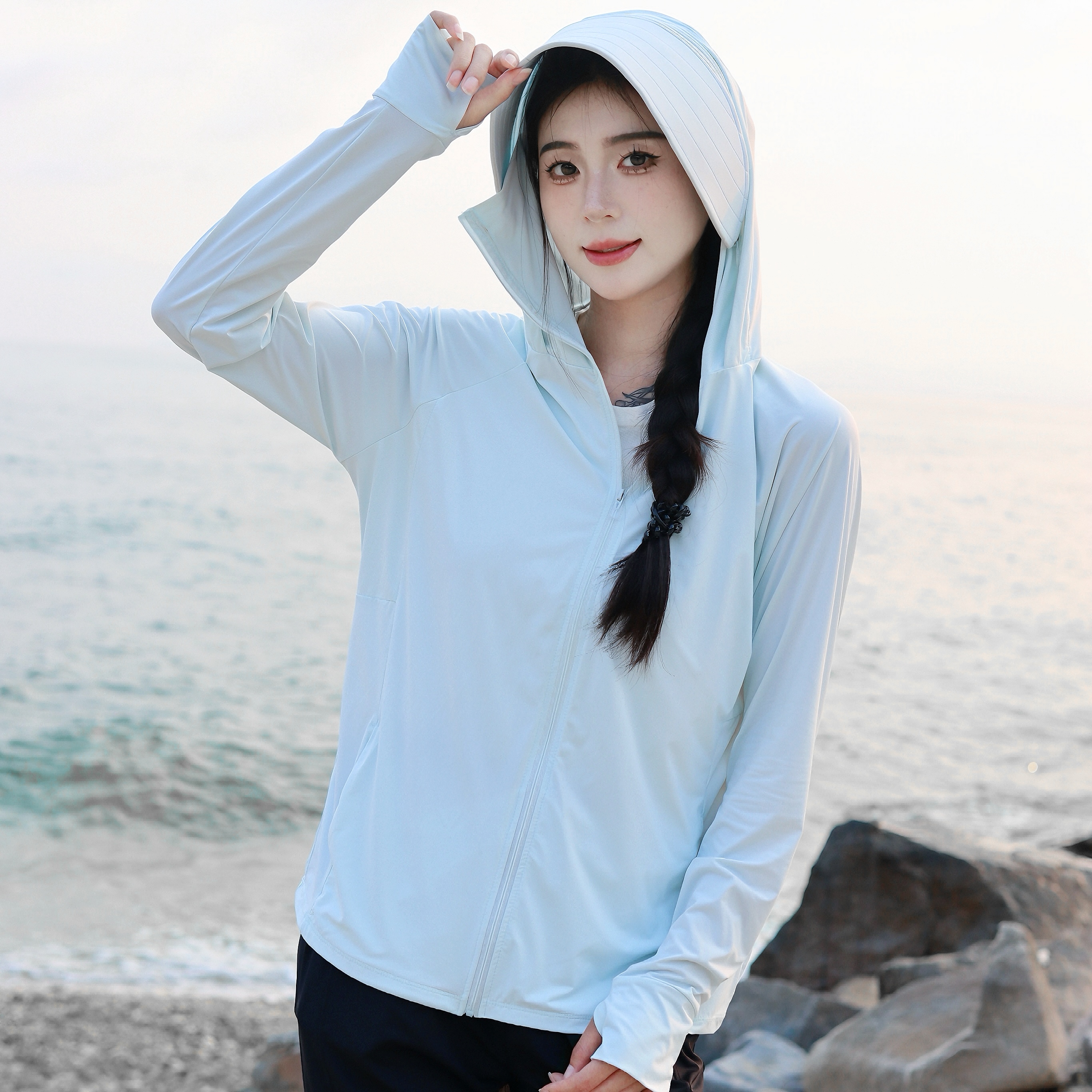 南雀二小姐冰感防晒衣女春夏户外防紫外线帽檐款原纱型插肩防晒服