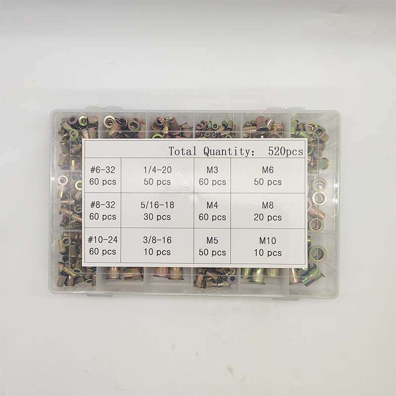 520pcs盒装 彩锌平头拉铆螺母英美制公制组合套装M3-M10组合#6-32