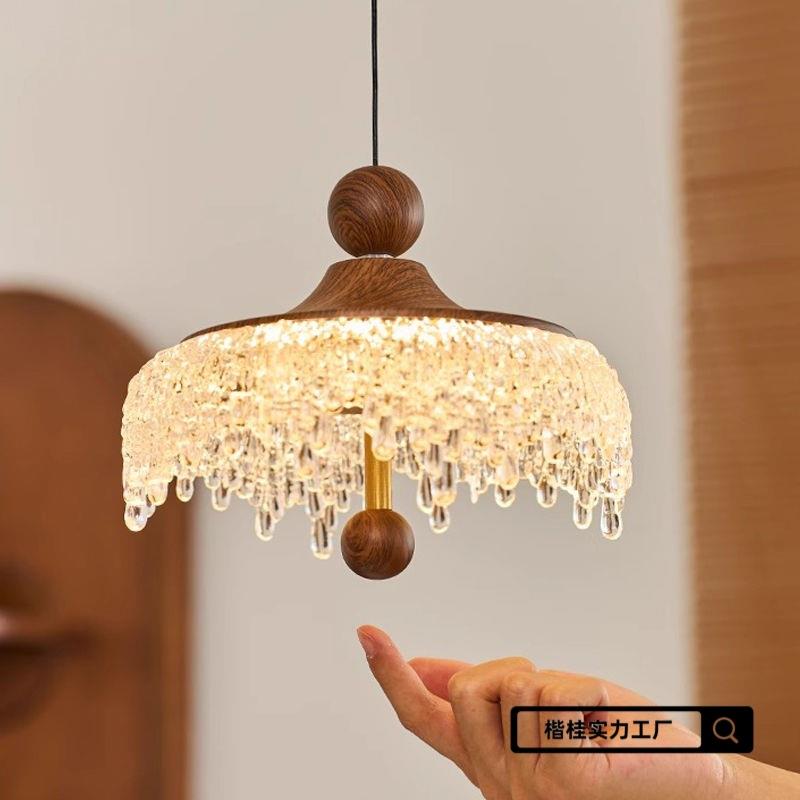 中古升降餐厅吊灯冰山水滴复古胡桃木色过道灯法式触摸小吊灯2025