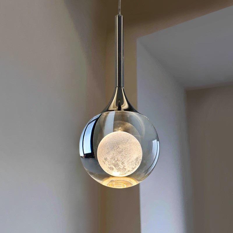 卧室床头吊灯创意艺术轻奢高级感水晶吊线灯入户玄关灯月球小吊灯