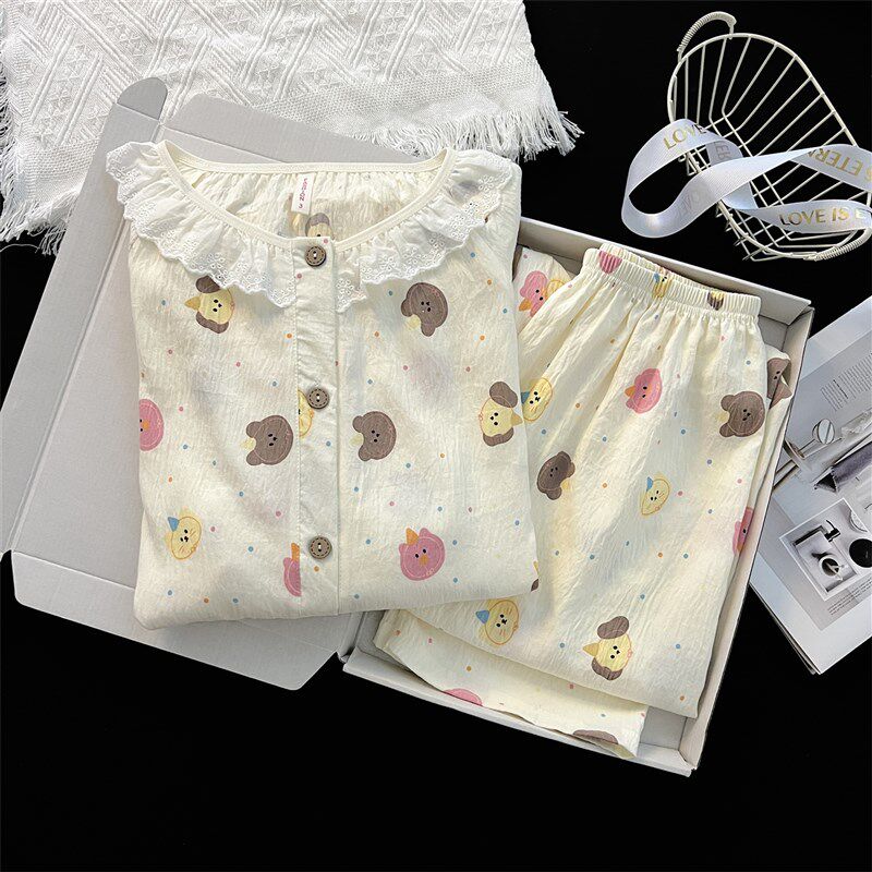 睡衣女春秋季薄款长袖甜美可爱卡通2E024新款宽松家居服套装可外