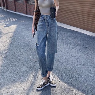 子 高腰乞丐复古阔腿宽松显瘦哈伦老爹裤 不规则破洞牛仔裤 女夏薄款