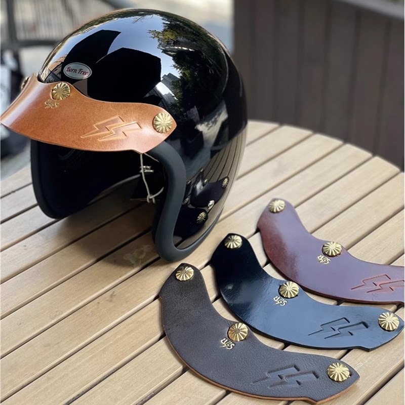 复古头盔真皮帽檐全盔四三盔遮阳板防晒帽沿半盔三扣式可调节帽舌